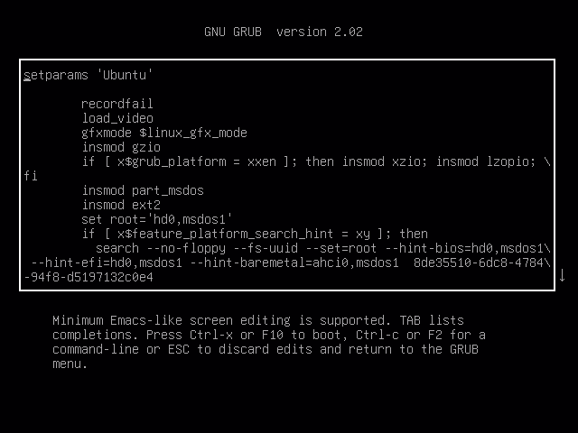 GRUB2 configuration editing screen